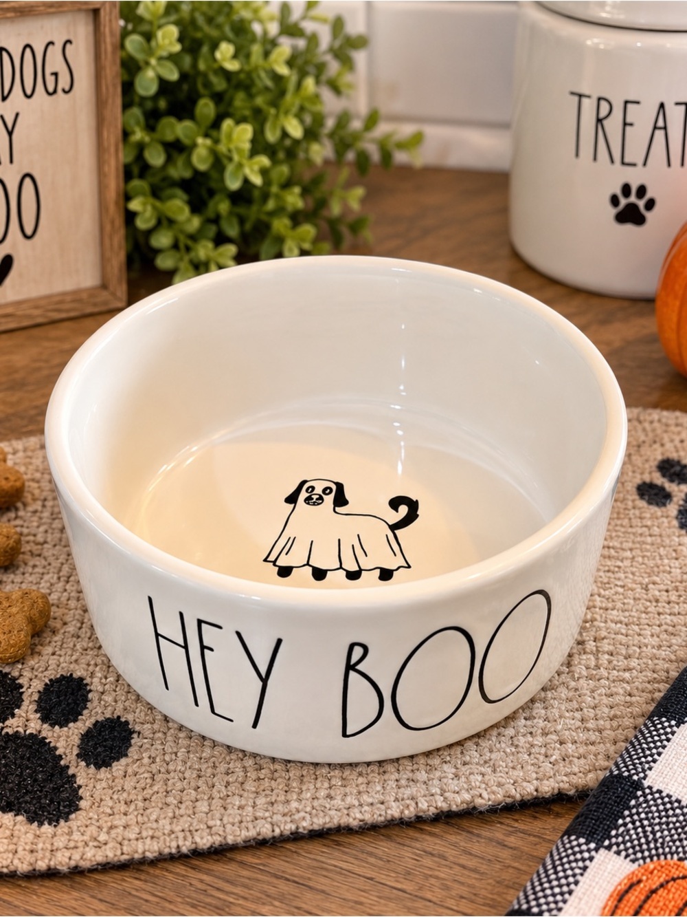 NEW Rae Dunn “Hey Boo” Halloween Ceramic Pet Bowl – Ghost Dog Design